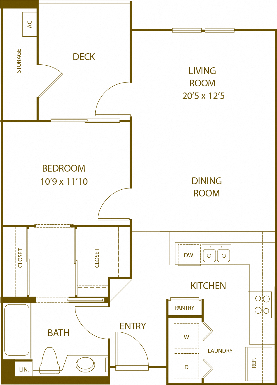 Floor plan for 1 bed, 1 bath, 750 sqft